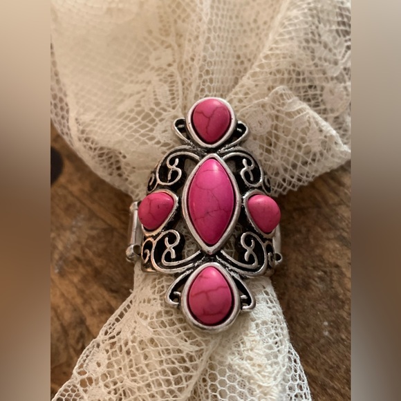 Bohemian Pink Stone Silver Stretch Fashion Ring Woman’s Costume Jewelry - Picture 2 of 6